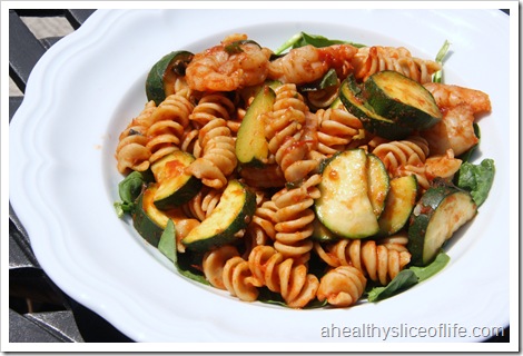 Shrimp spinach zucchini and basil pasta