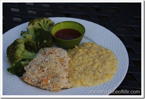 oven fried chicken, creamed corn and broccoli