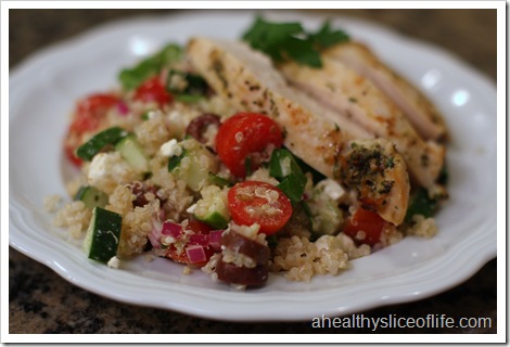 greek quinoa salad with baked chicken