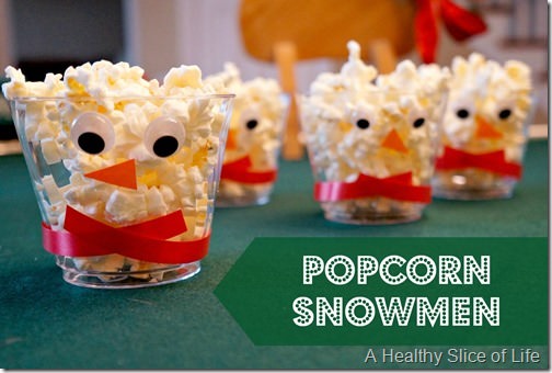 healthy christmas snacks for kids- popcorn snowmen 1