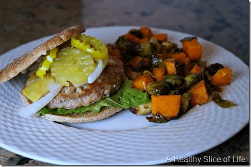 visual meal plan- turkey burger with roasted brussels and sweet potato
