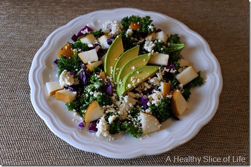 massaged kale salad with pear and blue cheese