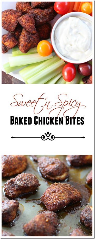 sweet and spicy baked chicken bites- a healthy chicken popper option for super bowl while still satisfying the spice lover