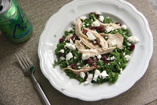 simple kale salad with chicken and goat cheese