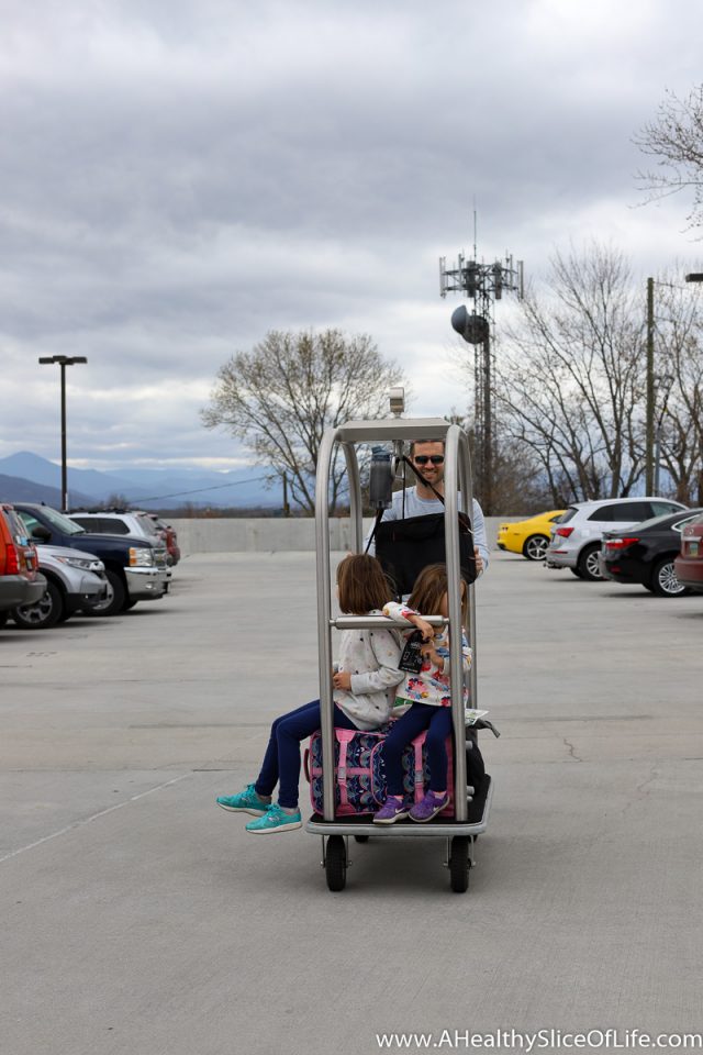 dad pushing kids luggage cart