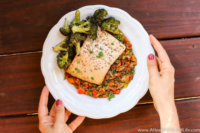 salmon with warm lentils